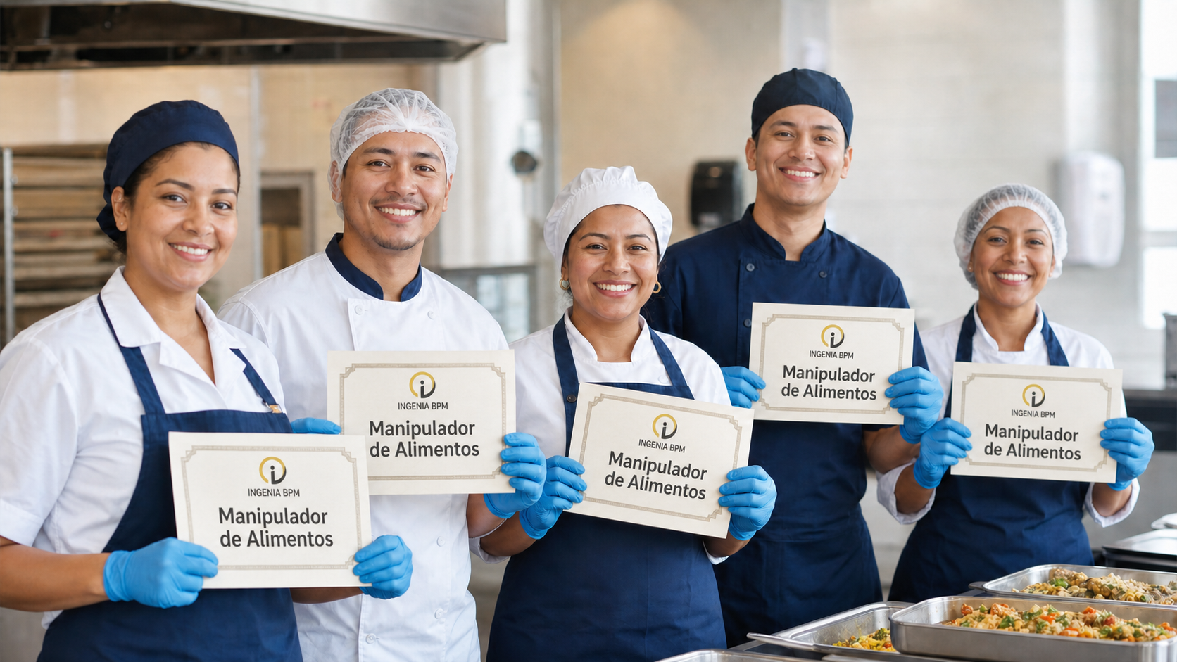 Manipuladores de alimentos felices recibiendo su certificado